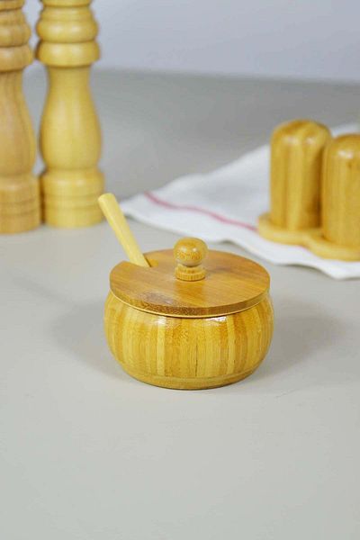 SepetçiBaba 50 Bamboo Sugar Bowl with Spoon 3 Pieces