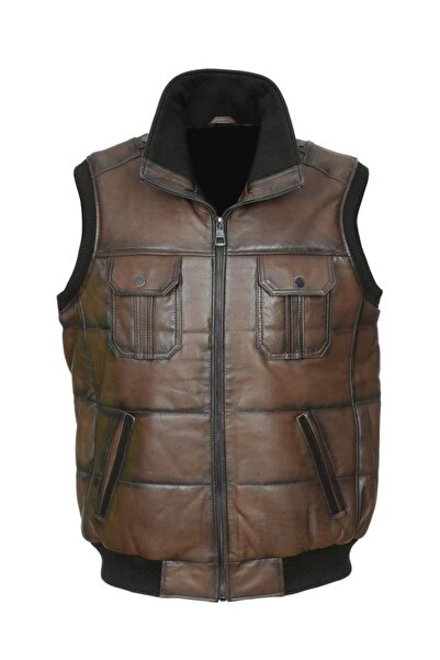 Sanalbolluk Leather Vest with Collar and Elastic Waist