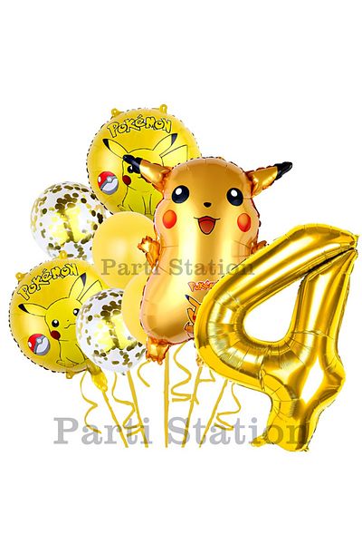 Parti Station Pokemon Pikachu 4 Year Old Birthday Balloon Set - Foil Balloon
