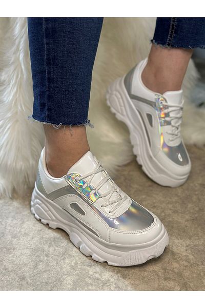 Nstil Pantofi sport cu hologramă alb pentru femei de zi cu zi, cu talpă înaltă, cu șireturi, pantofi ușoare confortabile 001