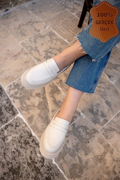 LAMİNTA Mocasini de dama din piele naturala cu talpa groasa de 4 cm Miton Ecru cu design special de cusut