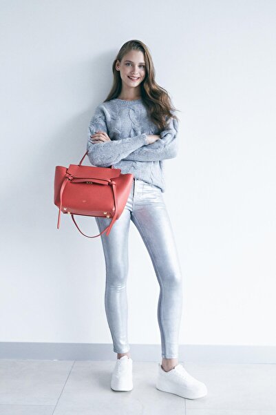 pieces of melon Gümüş Yüksek Bel Varak Sıvamalı Jean Pantolon