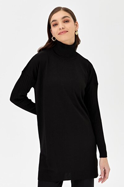 accort Balıkçı Yaka Kolları Fitilli Triko Tunik-SİYAH
