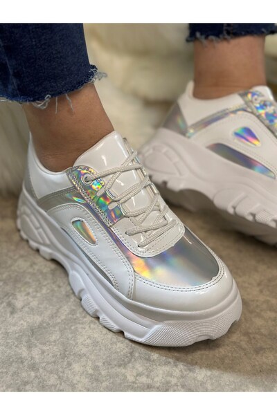 Nstil Daily Women's White Hologram Sports Shoes High Thick Sole Lace-Up Comfortable Lightweight Sneaker 001