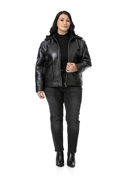 DISENTIS MODEST Large Size Fur Lined Zippered Collar Black Leather Coat with Buckle Detail