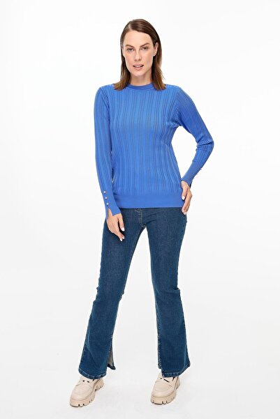 accort Kolu Düğmeli Sıfır Yaka Triko Kazak-SAX