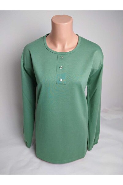 YAŞAR TRİKO Γυναικεία μπλούζα Mint Green - Crew λαιμόκοψη, μακρύ μανίκι με πατιλέτα, ελαστικό σχιστό, διακοσμητικό κουμπί, δύο κλωστές