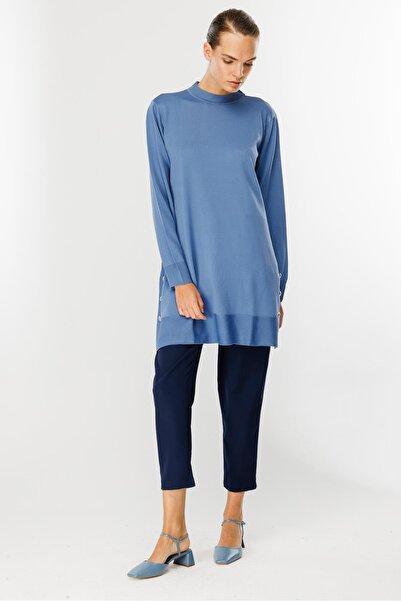 accort Yanları Düğmeli Triko Tunik-İNDİGO