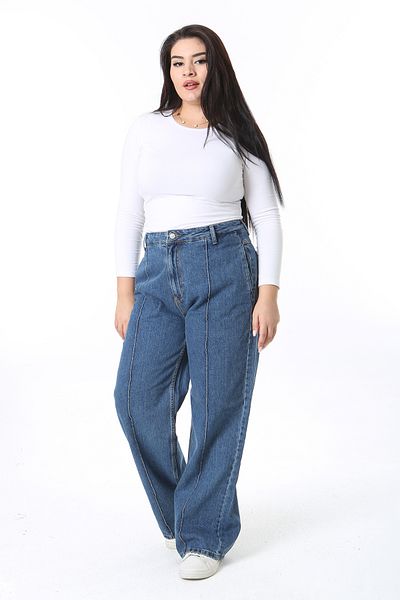 Şans Pantaloni de damă de mărime mare, albastru, cu cusături de iarbă, cu talie înaltă, 65N38400