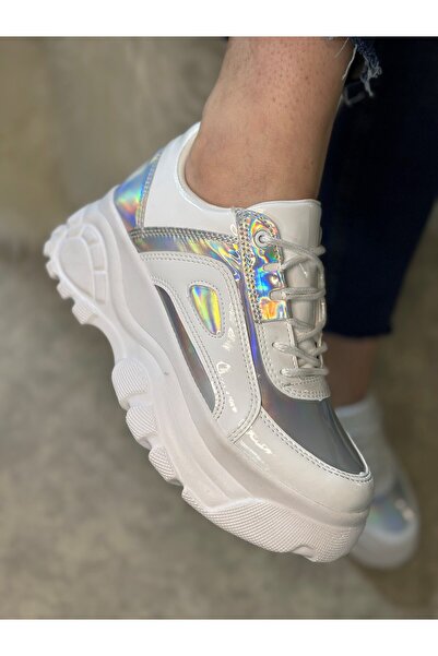 Nstil Daily Women's White Hologram Sports Shoes High Thick Sole Lace-Up Comfortable Lightweight Sneaker 001