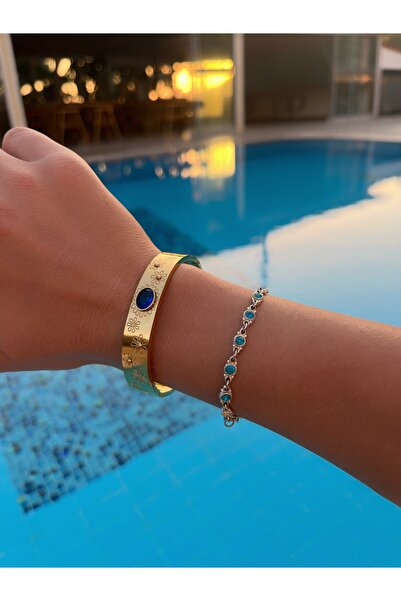 Vamos Jewelry 316 L Çelik Kararmaz Gold Renk Mıhlama İşlemeli Mavi Boncuklu K...