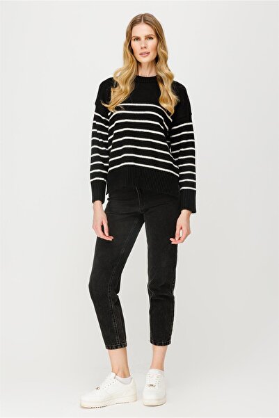 accort Bisiklet Yaka Çizgili Triko Kazak-SİYAH