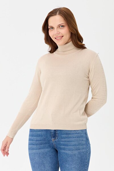 accort Büyük Beden Tam Balıkçı Basic Triko Kazak-TAŞ