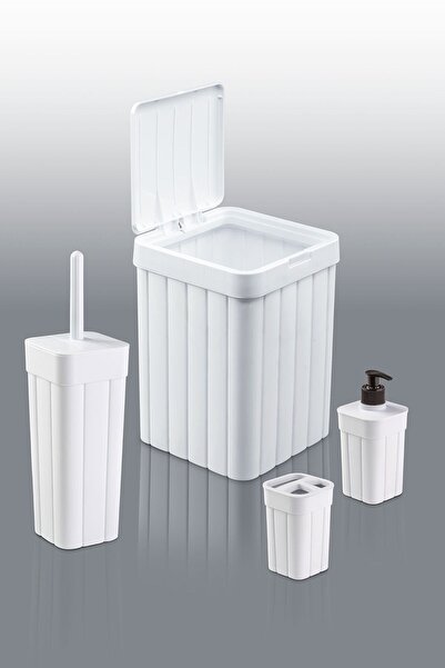 plastyol 4'lü Banyo Seti - 10l Bas Aç Kapaklı Çöp Kovası, Wc Fırçalık, Diş Fı...