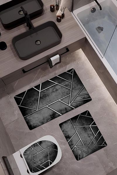 Doruklar Home Collection Set de toaletă din bambus din 3 piese cu model modern - covoraș de baie lavabil, antiderapant, pe bază de piele S