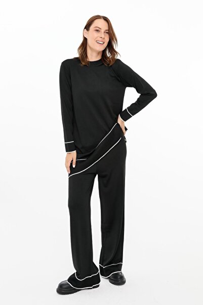 accort Çizgi Kombinli Tunik Pantolon Triko Takım-SİYAH
