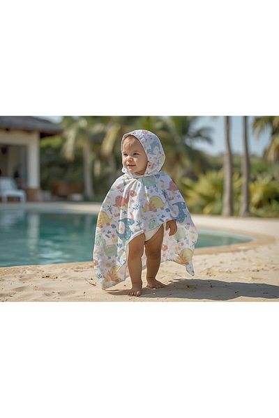Kentsoylu Hooded Organic Muslin Poncho for 4-8 Years Old Baby - Dinosaur Print, Tie-Up under Sleeve, Oeko-Tex