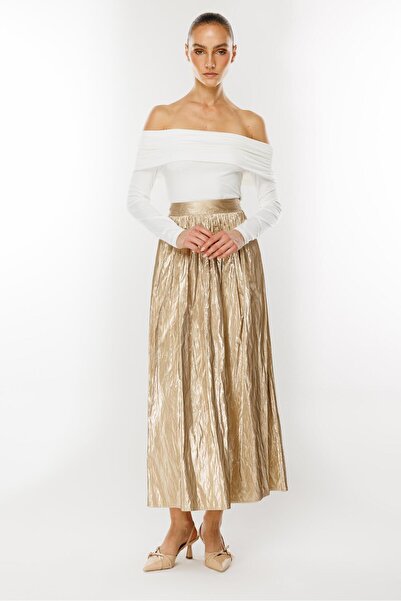 Moda İlgi Modailgi  Büzgülü Yan Cepli Uzun Etek Gold