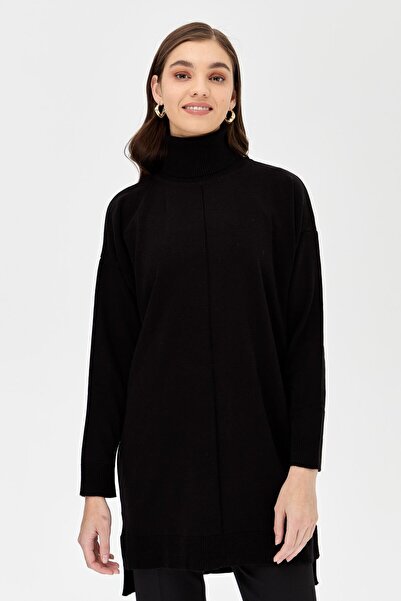 accort Tam Balıkçı Düşük Kol Triko Tunik-SİYAH