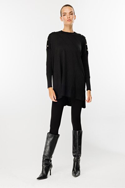 accort Omuzları Düğmeli Triko Tunik-SİYAH