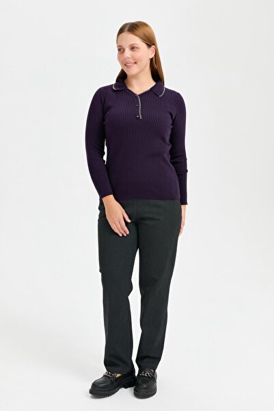 accort Büyük Beden Simli Polo Yaka Triko Kazak-MOR