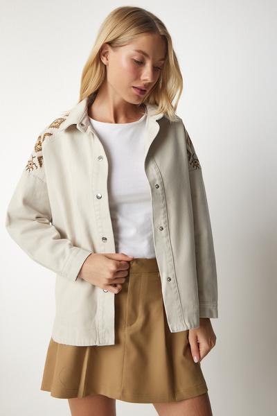 Lovelyİstanbul Etnik Nakışlı Gabardin Gömlek Ceket KREM LRV0072