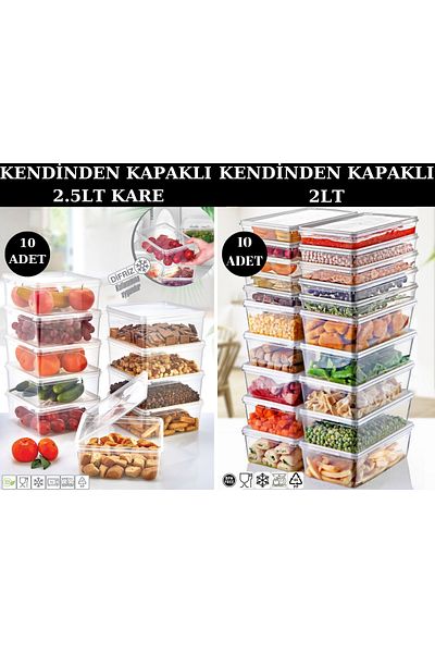 PONÇİK STORE Set of 20 10 Pieces Square 2.5Lt 10Pcs 2Lt Self Covered Storage Container Suitable for Deep Freezer