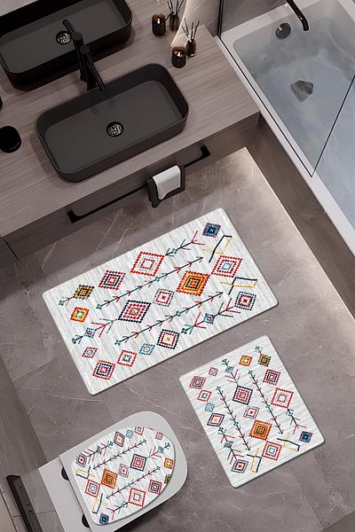 Doruklar Home Collection Set de toaletă din bambus din 3 piese cu model modern - covoraș de baie lavabil, antiderapant, pe bază de piele S