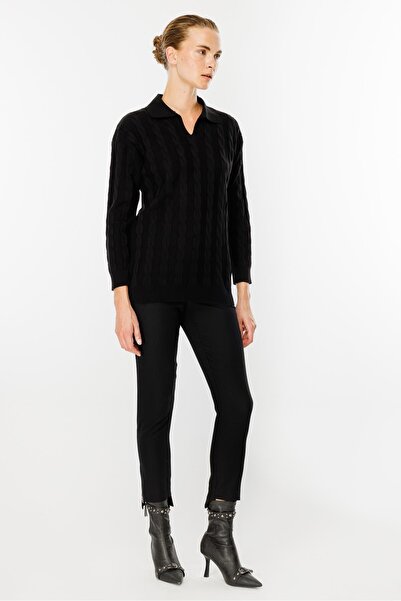 accort Polo Yaka Saç Örgü Desenli Triko Kazak-SİYAH