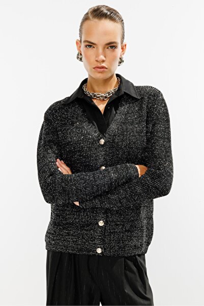 accort Simli Düğmeli Triko Hırka-SİYAH