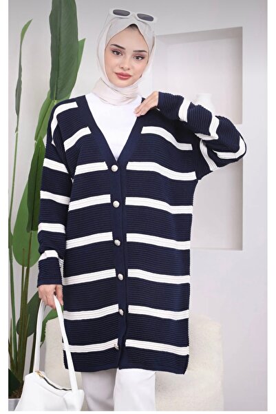 Modark Women's Tesetures Two Color Long Buttoned Tricot Cardigan