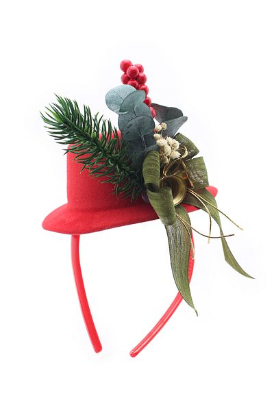 Lora Wedding Christmas Themed Cute Red Color Party Hat with Natural Eucalyptus and Metal Bells