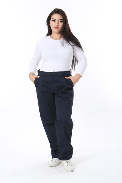 Şans Women's Large Size Navy Gabardine Fabric Side Pocket Trousers 65N38410