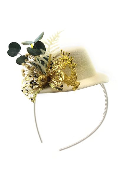 Lora Wedding Christmas Themed Cute Cream Color Party Hat with Natural Eucalyptus and Gold Deer