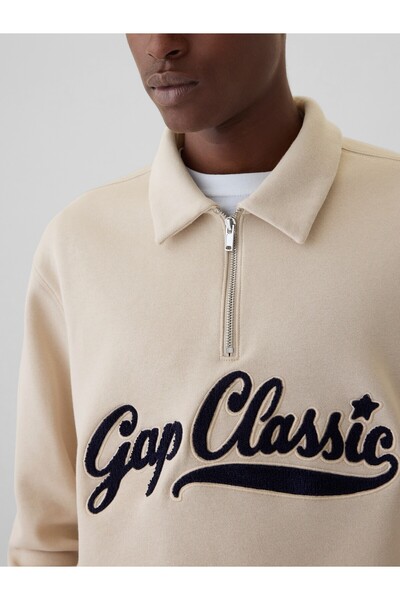 GAP Erkek Bej Gap Logo Vintage Soft Fermuarlı Pullover Sweatshirt