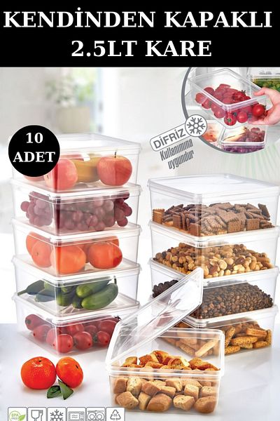 PONÇİK STORE Set of 10 with 2.5 Lt Capacity - Square Storage Container Suitable for Deep Freezer