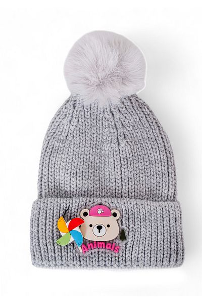 Eke Tekstil Girl's Folded Animals Embroidered Beanie with Pompom