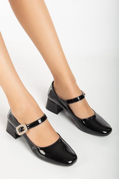 Dilimler Ayakkabı Black Patent Leather Women's Heeled Shoes with Stones - Large Size
