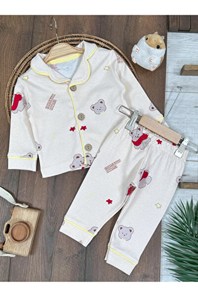 Bolly Baby Ayıcık Baskılı %100 Pamuk Yumuşak Doku Kruvaze Yaka Önden Düğmeli Unisex Mevsimlik Pijama Takımı