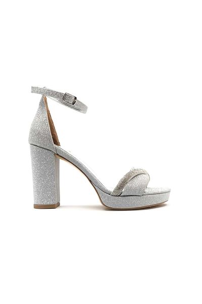 KOCAMANLAR Feles Stripe Stone Detailed Single Band Platform 11 cm Heeled Women's Shoes SILVER-SILVERY