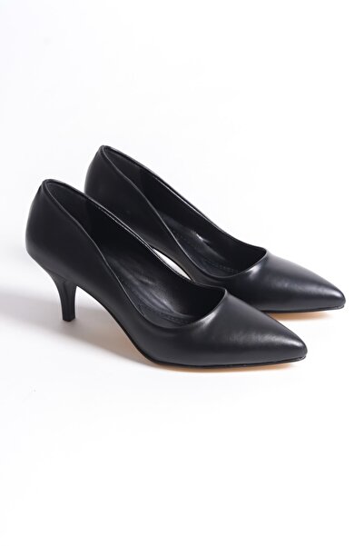 Ayakkabı Podyumum " STİLETTO " Siyah Cilt 5 cm İnce Ökçe Sivri Burun Kapalı Y...