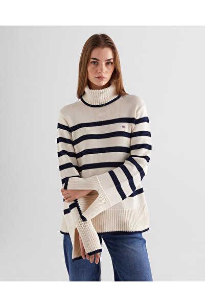 Gant Kadın Krem Oversize Fit Boğazlı Yaka Çizgili Kazak