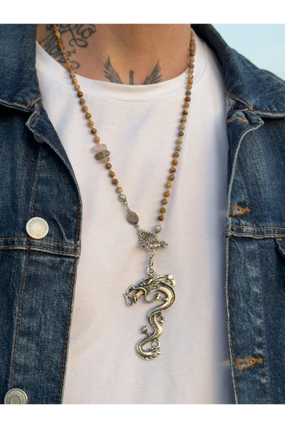 CAPO by Aytaç Yamaç Tree Jasper and Rutile Quartz Natural Stone Men's Necklace with Dragon Figure