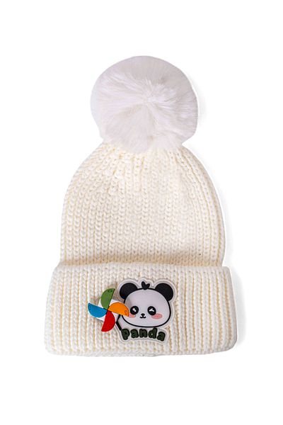 Eke Tekstil Children's Pompom Folded Panda Embroidered Beret