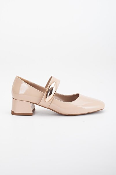 Dilimler Ayakkabı Large Size Women's Heeled Shoes Nude Patent Leather Helmet Metal Buckle