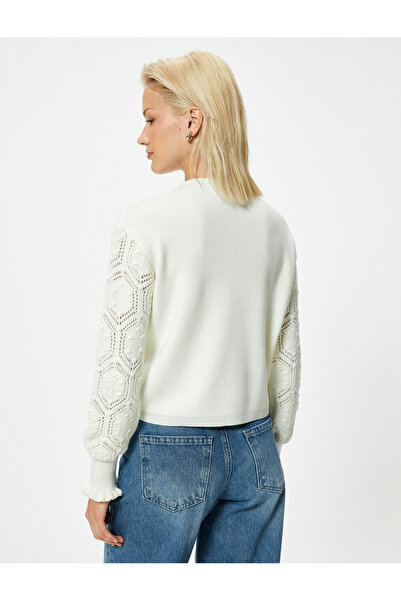 Koton Long Sleeve Knitwear Sweater - Openwork, Lightweight, Stand Collar and Ruffle Cuff Detail