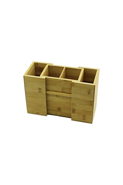 Pazarcan Open-Closed - 2+2 Compartment Countertop Bamboo - Wooden Spoon Holde...