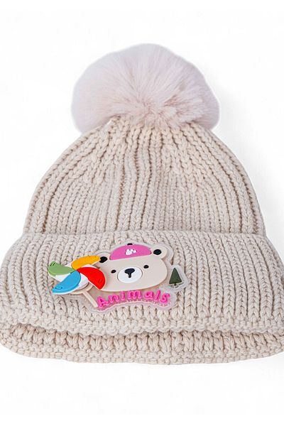 Eke Tekstil Girl's Folded Animals Embroidered Beanie with Pompom