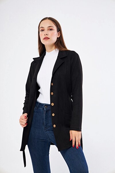Apsen Collection Apsen Women's Black Belted Pocket Detailed Suede Jacket 6501/80