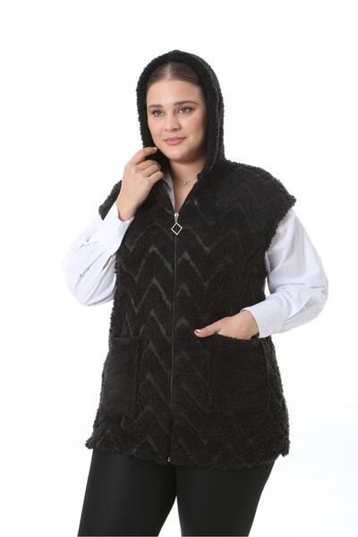 BİrHoşButik Plus Size Soft Lycra Plush Fleece Cardigan - Women's Vest with Pockets and Hoodie